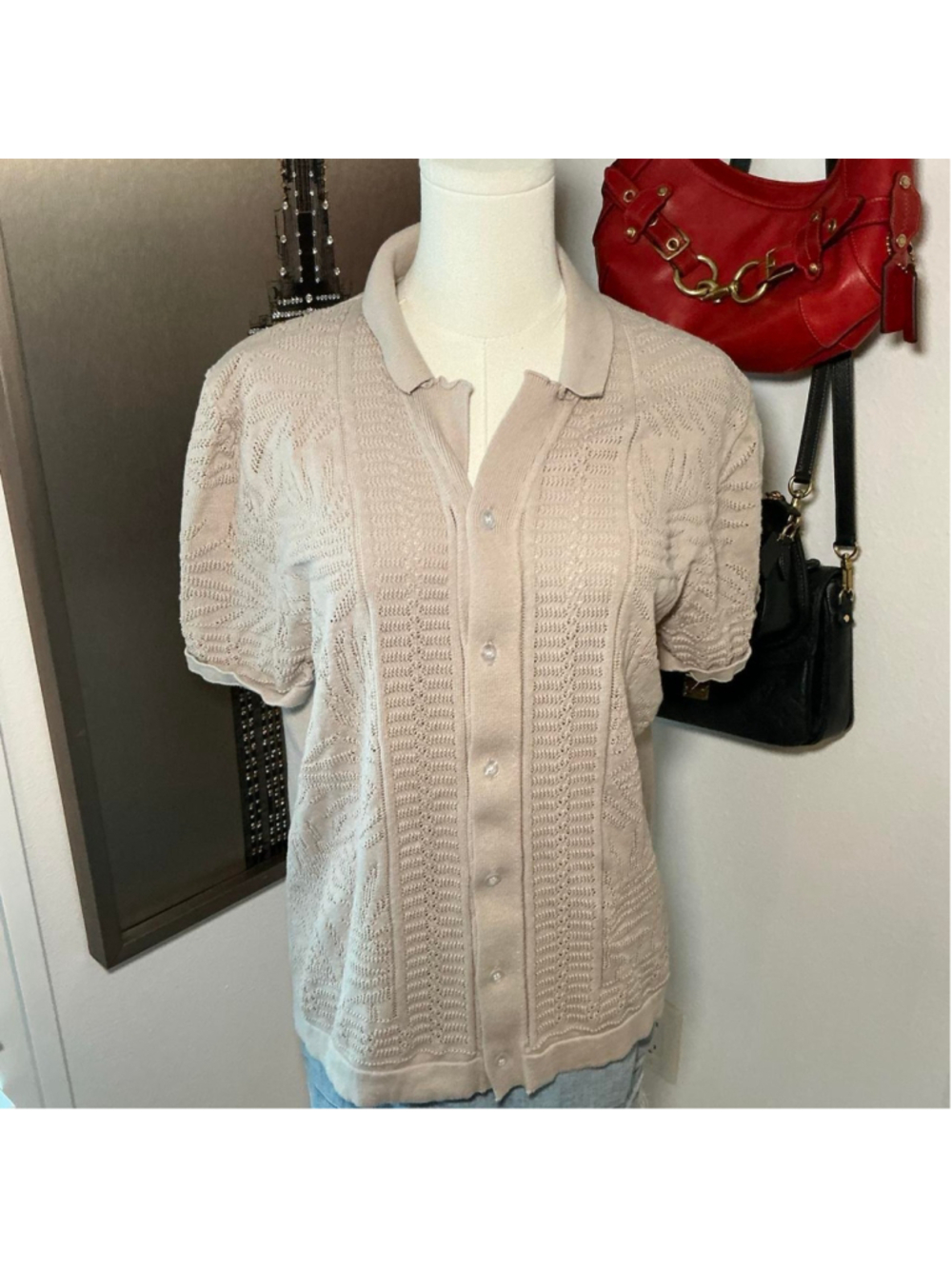 PacSun Beige Open Knit Short Sleeve Polo Cardigan Size M